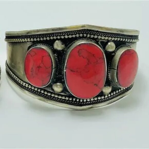 Coral Stones Boho Cuff, Kuchi Handmade Adjustable Cuff Bracelet - Picture 6 of 8